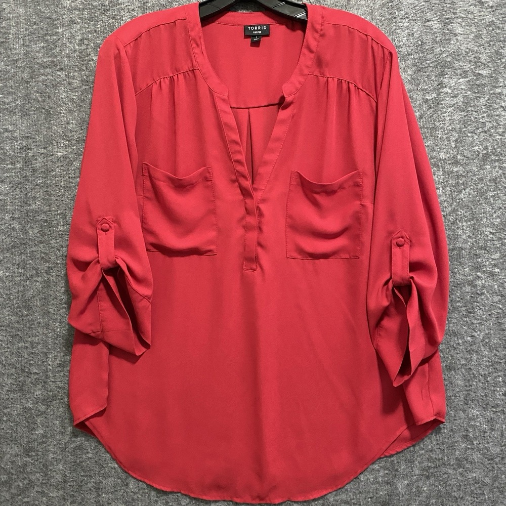 Torrid Harper Top‎ Women 1 1X Red Georgette Roll Tab Flowy Popover Blouse Office